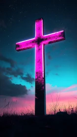 Neon pink cross standing against twilight sky at night.