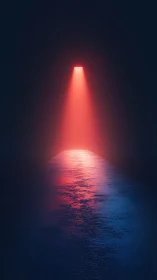 Red spotlight corridor over reflective blue water surface.