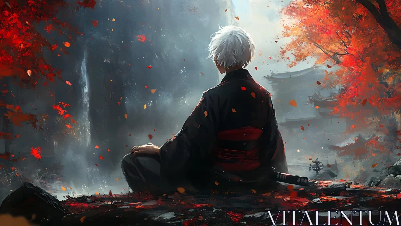 Digital painting of solitary samurai amid autumn temple grove.