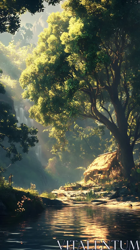 Sunlit forest cottage dreaming beside a whispering brook.