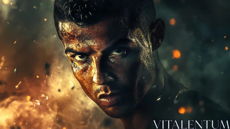 Intense male portrait in dramatic fiery light and smoke.