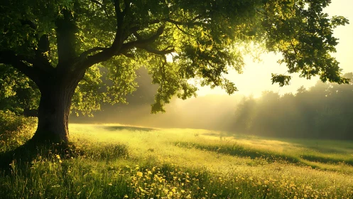 Backlit meadow landscape captures oblique sun rays through dense foliage