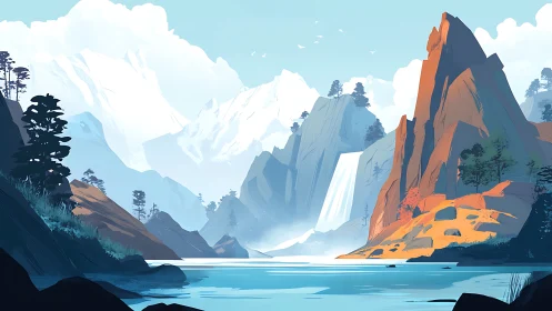 Stylized alpine canyon with layered peaks and luminous waterfall