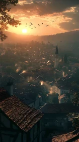 Sunset over tiled-roof village with church tower and hills.