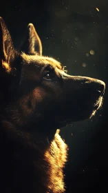 German shepherd profile catches dramatic golden backlight.