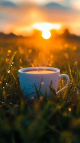 Steaming coffee cup glows against a golden sunrise field backdrop