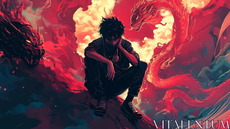 Digital painting of lone youth encircled by twin red dragons.
