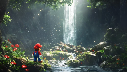 Cartoon adventurer gazes in awe at a sunlit forest waterfall