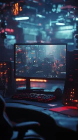 Cyberpunk gaming workstation renders neon-lit dystopian cityscape