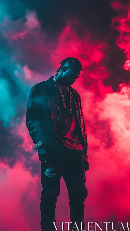 Moody streetwear portrait in magenta teal vapor clouds.