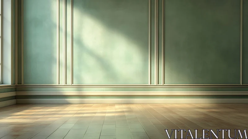 Sunlit mint wall and wooden floor define empty interior