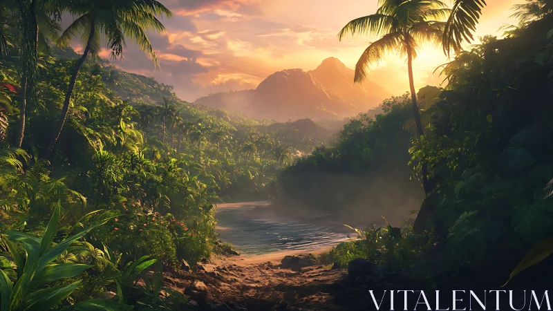 Tropical river valley at golden hour with mountains and palm trees.
