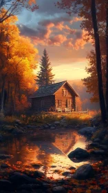 Creekside cabin drenched in honeyed autumn sunset glow.