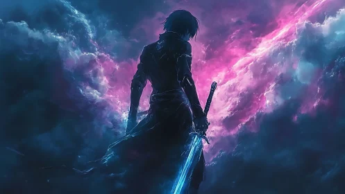 Backlit anime swordsman stands before luminous cosmic storm