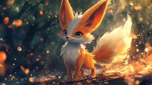 Orange foxlike creature in glowing forest environment.