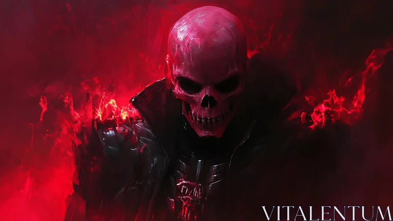 Crimson skull warlord emerges through burning shadow storm