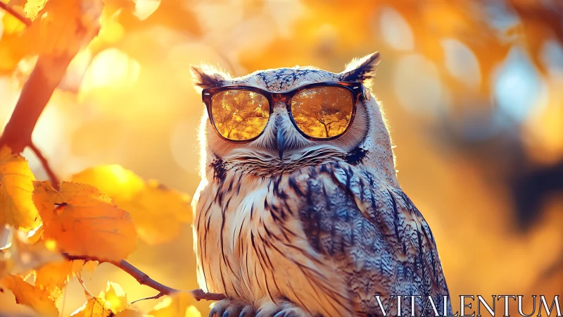 Stylish owl wearing sunglasses in autumn forest, whimsical art.