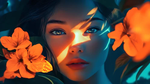 Digital portrait of woman framed by orange flowers and leaves