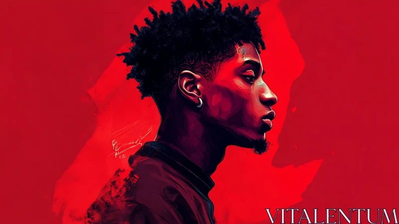 Digital side-profile portrait on solid red background.