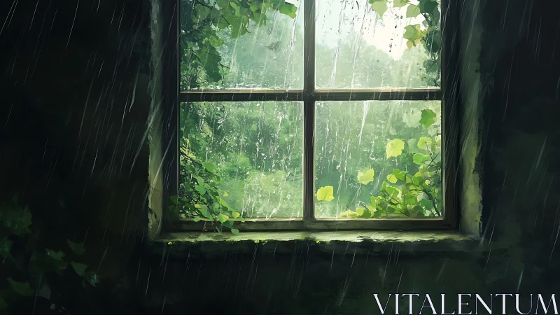 Rain-soaked cottage window framing lush overgrown garden.