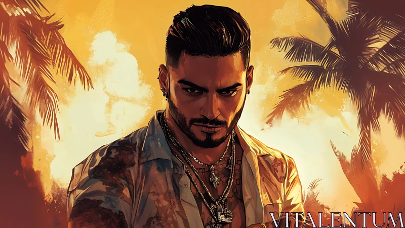 Brooding tropical antihero under blazing sunset light.
