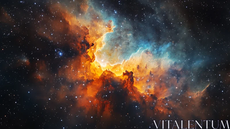 Fiery orange blue emission nebula glows across dense starfield