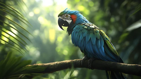 Vibrant blue parrot perched on branch in lush jungle scene.