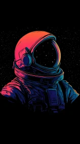 Neon stargazer astronaut adrift in an inky cosmic hush.