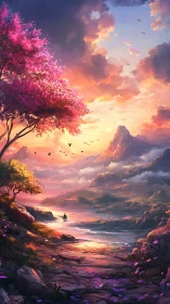 Sunset mountain river landscape shows lone boat and blossoms