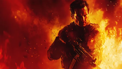Tactical operative wielding assault rifle amid explosive inferno environment.