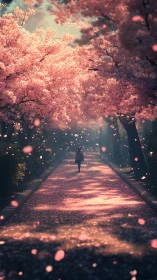 Solitary figure walks under luminous cherry blossom tunnel
