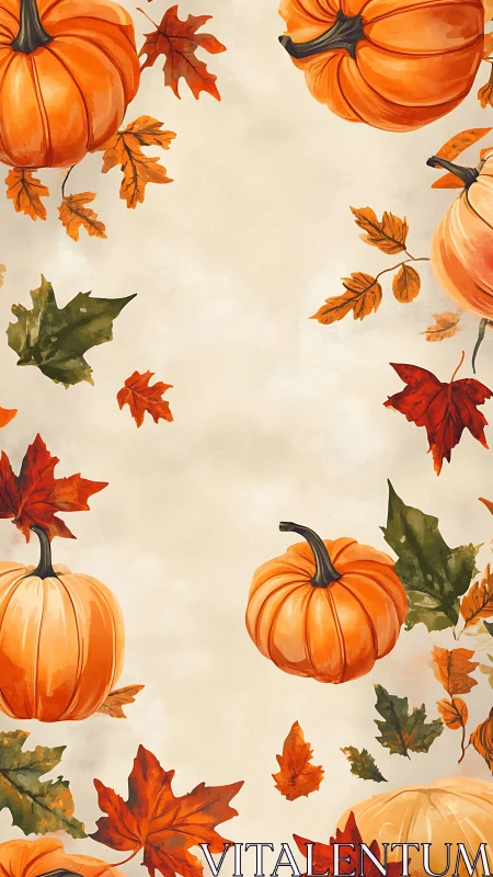 Vertical illustration arranges pumpkins and leaves symmetrically