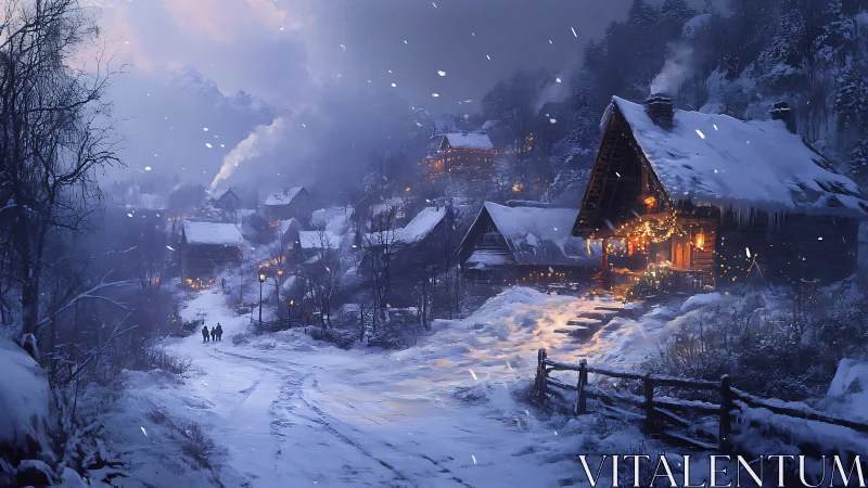 Snowy village glows with warm cottage lights at dusk