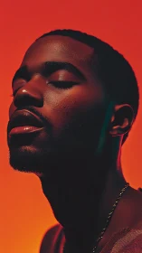 Male portrait uses bold orange backdrop and dramatic lighting