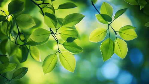 Sunlit Green Leaves Close-Up with Soft Bokeh Background.