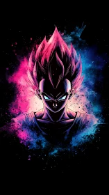 Electric neon warrior silhouette glows against cosmic void