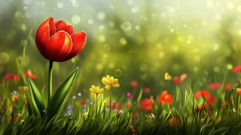 Red tulip with bokeh background demonstrates depth-of-field rendering and floral focus composition