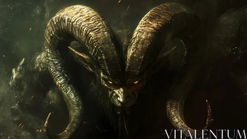 Horned demonic creature with glowing eyes in dark haze.