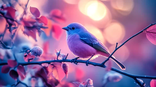 Vibrant Pink and Blue Songbird on Branch in Dreamy Bokeh Setting.