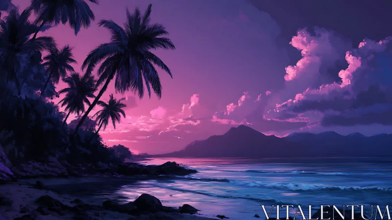 Tropical Sunset Beach Paradise with Mountain Silhouettes.