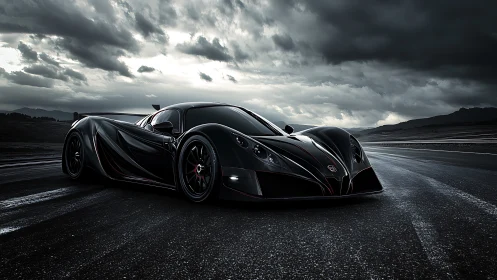 Black hypercar stands on wet racetrack under storm clouds