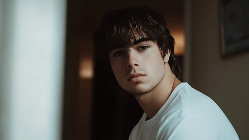 Young man sits in soft indoor light, lost in quiet thought