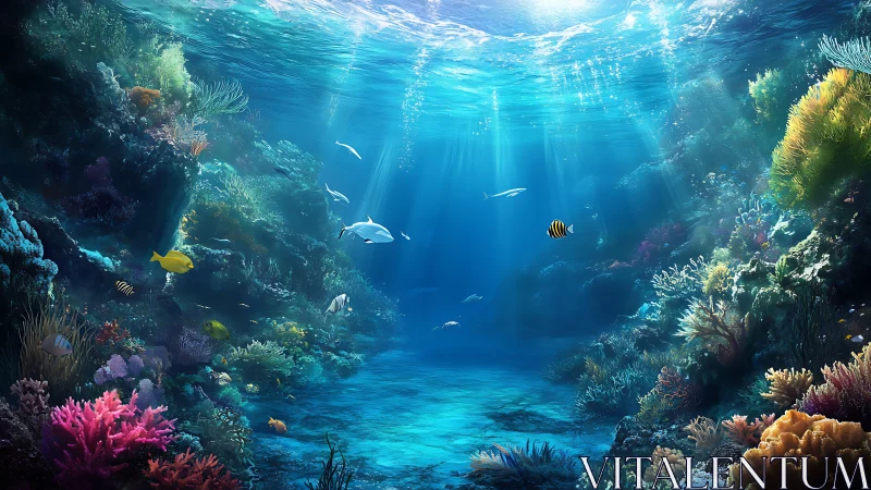 Sunlit coral kingdom where gentle reef fish drift slowly.