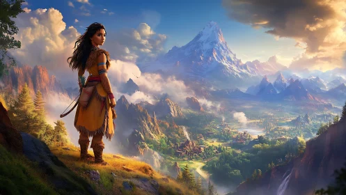 Valley sentinel girl scouting sunlit mountain kingdom.