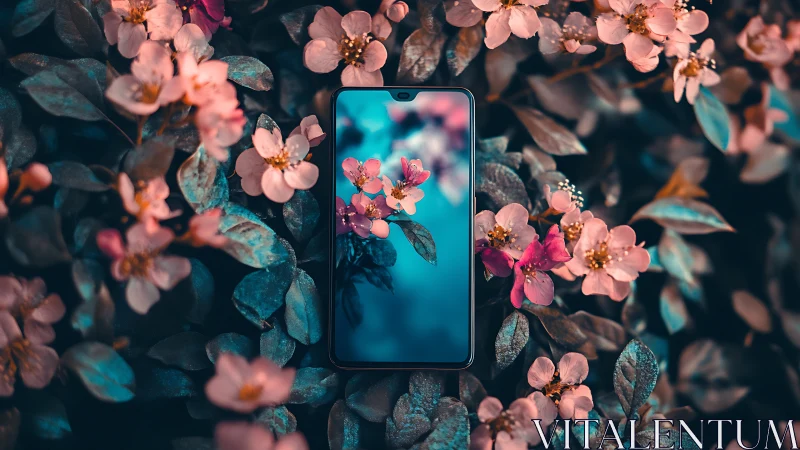 Blossoms Frame Digital Dreams Within Nature.