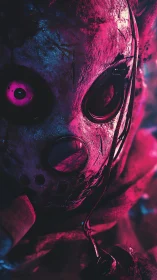 Haunting neon mask stares back with unsettling curious energy