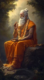 Elderly sage in orange robes meditates on forest rock