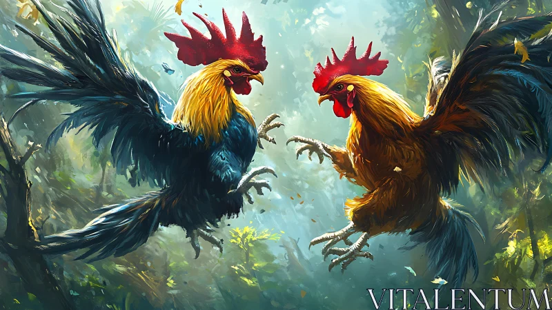 Two Roosters in Confrontation: Dynamic Digital Painting with Atmospheric Forest Rendering