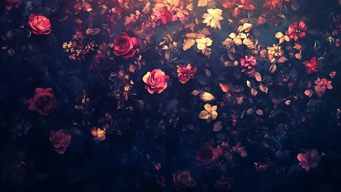 Dark Floral Composition with Luminescent Rose and Petal Distribution.