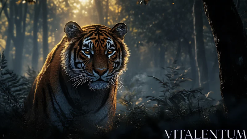 Midnight jungle monarch pads through dew and embered light